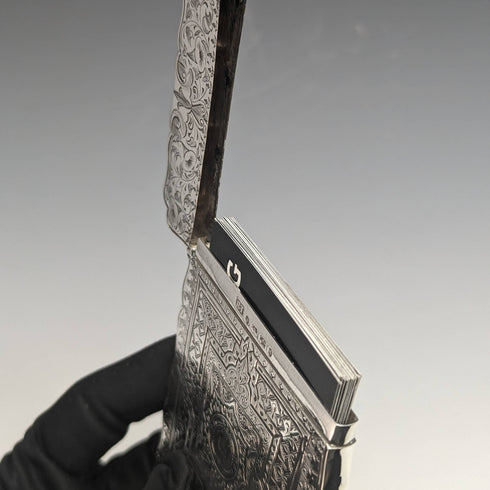 Estuche para tarjetas de plata esterlina, antiguo, británico, 1867, Robert Thornton