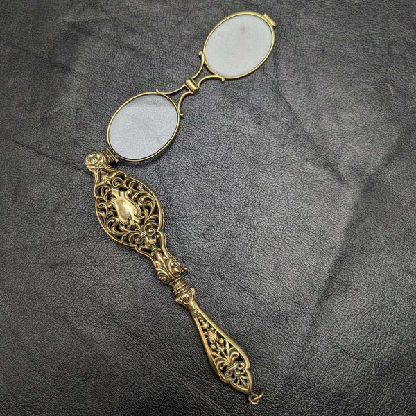 미국 앤티크 순은 골드 도금 휴대용 접이식 안경 로냑 (Lorgnette)