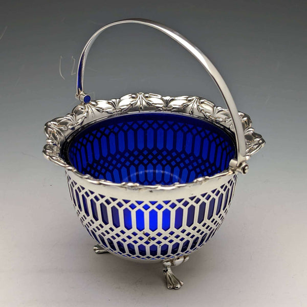 Cesta de plata de ley con interior azul, estilo vintage británico