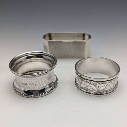 Early 1900s British Antique Sterling Silver Napkin Rings 3 Assorted