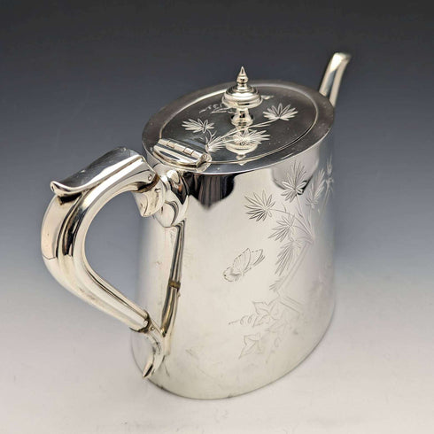Tetera de plata antigua inglesa de la década de 1870, forma de tambor, chapada en plata, 669 g