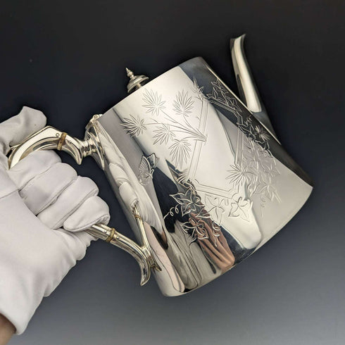 Tetera de plata antigua inglesa de la década de 1870, forma de tambor, chapada en plata, 669 g