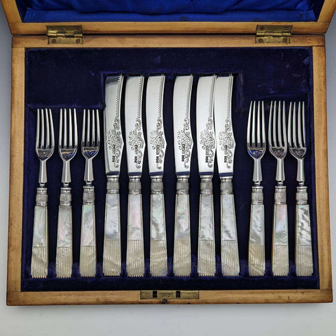 1907년 영국 앤틱 백접패 핸들 순은 블레이드 커틀러리 6페어 세트 (목함 포함)