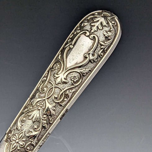 Juego de 5 pares de cubiertos para pescado de plata chapada, antigüedades británicas de alrededor de 1860, en caja de madera