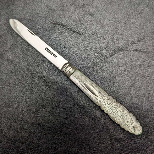 1912년 영국 앤틱 자개 핸들 순은 블레이드 접이식 펜나이프