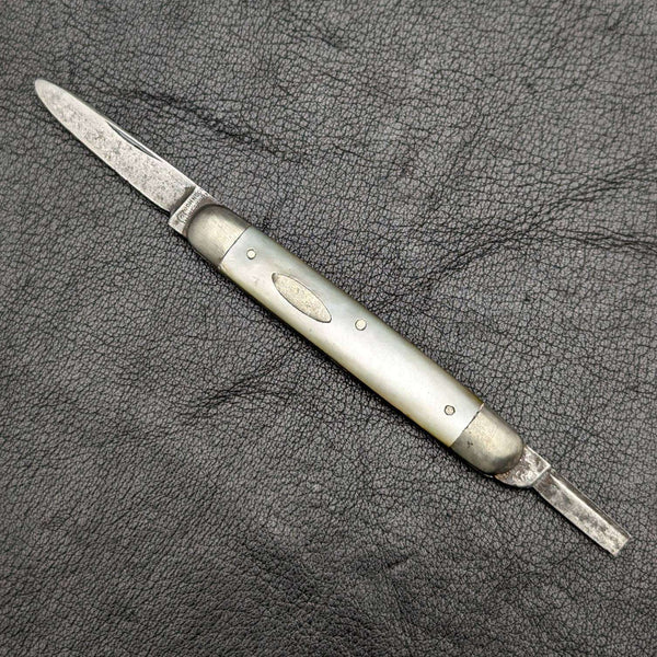 英國古董白珍珠貝殼柄雙鋼刃折疊刀