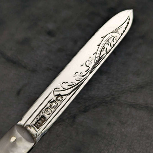 1924 British Antique White Pearl Shell Handle Pure Silver Engraved Blade Folding Pen Knife