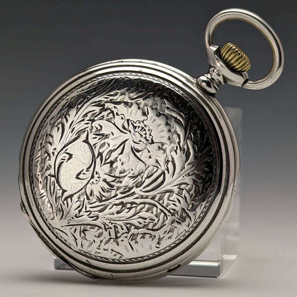 1907年頃 アンティーク ロンジン 懐中時計 花彫刻銀側ハンターケース 動作良好