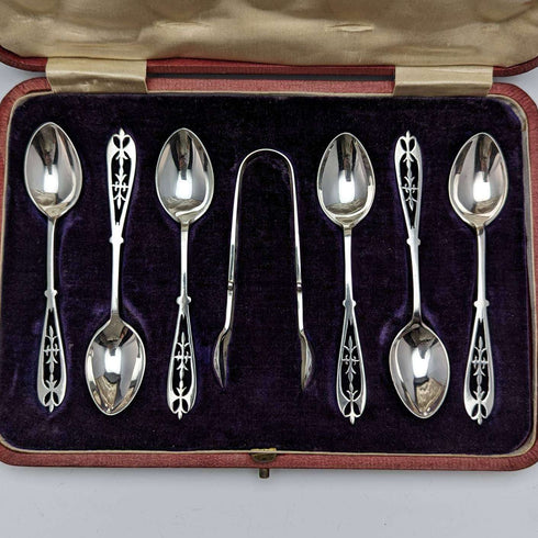 Juego de 6 cucharillas de té y pinzas para azúcar de plata esterlina, antigüedad británica de 1907, en estuche, James Dixon
