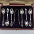 Juego de 6 cucharillas de té y pinzas para azúcar de plata esterlina, antigüedad británica de 1907, en estuche, James Dixon
