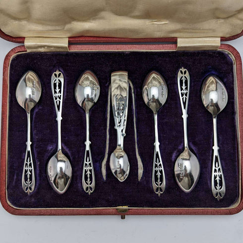 Juego de 6 cucharillas de té y pinzas para azúcar de plata esterlina, antigüedad británica de 1907, en estuche, James Dixon