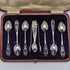 Juego de 6 cucharillas de té y pinzas para azúcar de plata esterlina, antigüedad británica de 1907, en estuche, James Dixon