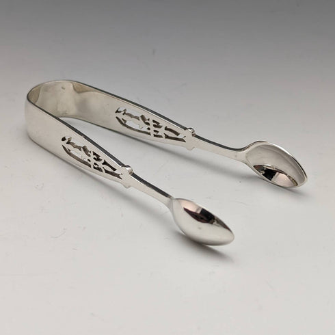 Juego de 6 cucharillas de té y pinzas para azúcar de plata esterlina, antigüedad británica de 1907, en estuche, James Dixon