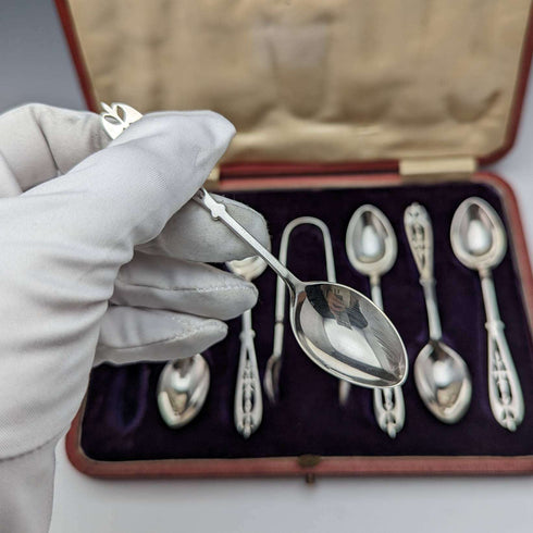 Juego de 6 cucharillas de té y pinzas para azúcar de plata esterlina, antigüedad británica de 1907, en estuche, James Dixon