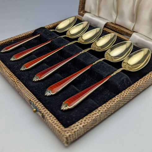 1955年 英国ヴィンテージ 純銀製ティースプーン6本セット エナメル装飾 ケース入り