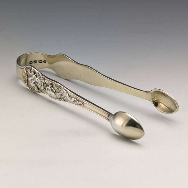 1876 British Antique Sterling Silver Sugar Tong Relief Sculpture