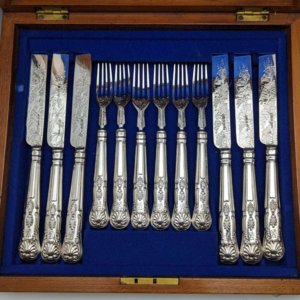 1856 British antique sterling silver cutlery 6 pair set boxed Harrison Brothers