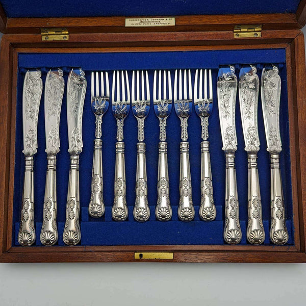 Juego de 6 pares de cubiertos para pescado de plata esterlina, antigüedades británicas de 1870, en su estuche original, por William Marshall