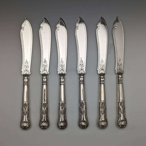 1870 British Antique Sterling Silver Fish Cutlery 6 Pair Set Boxed William Marshall