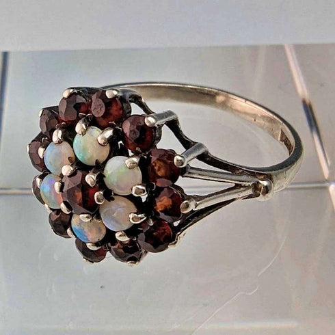 British Vintage Jewelery Garnet and Pearl Sterling Silver Ring