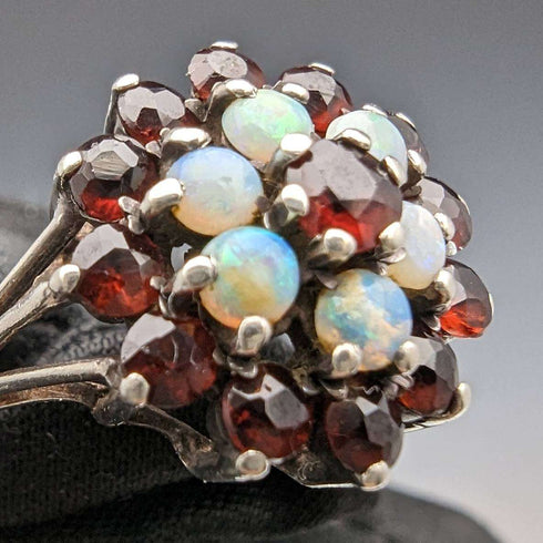 British Vintage Jewelery Garnet and Pearl Sterling Silver Ring