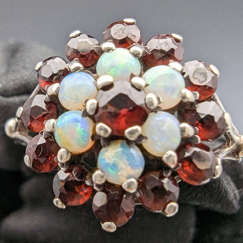 British Vintage Jewelery Garnet and Pearl Sterling Silver Ring