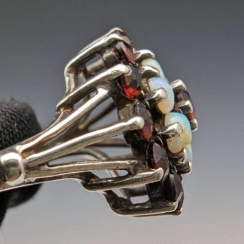 British Vintage Jewelery Garnet and Pearl Sterling Silver Ring