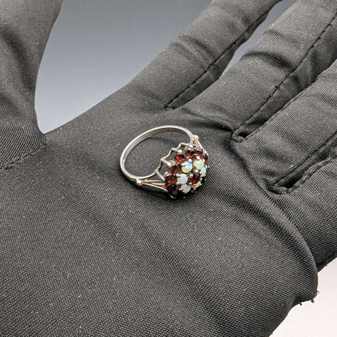 British Vintage Jewelery Garnet and Pearl Sterling Silver Ring