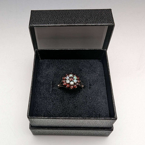 British Vintage Jewelery Garnet and Pearl Sterling Silver Ring