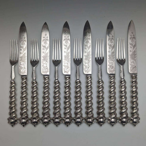British Antique Solid Silver Handle Cutlery 6 Pair Set MARTIN HALL