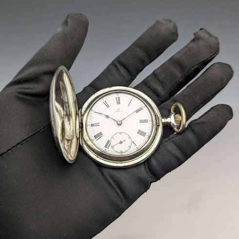 1910年頃 アンティーク オメガ 懐中時計 花彫刻 銀側ハンターケース 動作良好