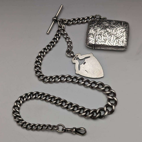Around 1900 British Antique Sterling Silver Albert Chain 88g Vesta Case & Medal Fob