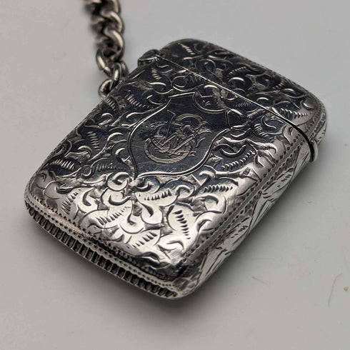 Around 1900 British Antique Sterling Silver Albert Chain 88g Vesta Case & Medal Fob