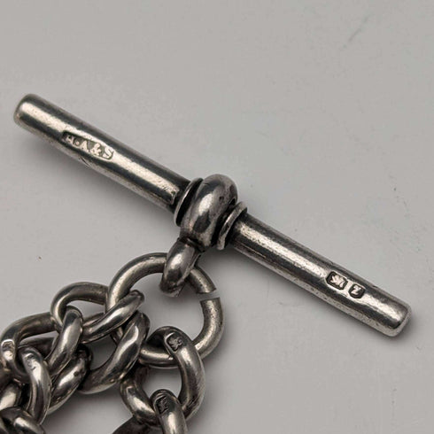Around 1900 British Antique Sterling Silver Albert Chain 88g Vesta Case & Medal Fob