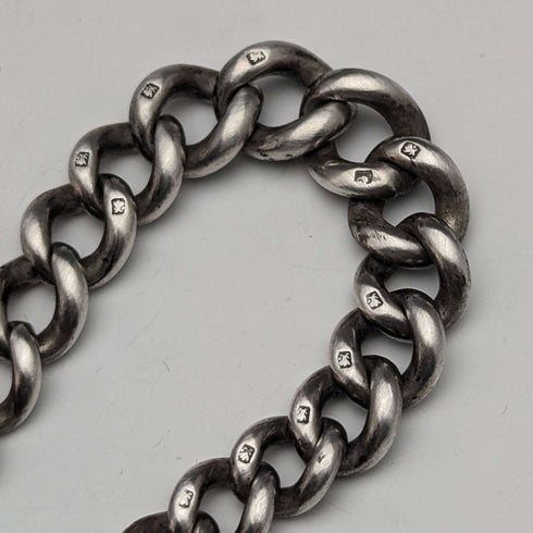 Around 1900 British Antique Sterling Silver Albert Chain 88g Vesta Case & Medal Fob