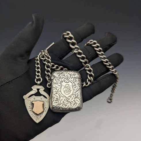 Around 1900 British Antique Sterling Silver Albert Chain 88g Vesta Case & Medal Fob