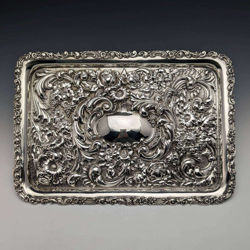 Bandeja de tocador con relieve de plata de ley, antigüedad británica de 1902, 306g
