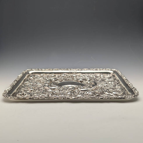 Bandeja de tocador con relieve de plata de ley, antigüedad británica de 1902, 306g
