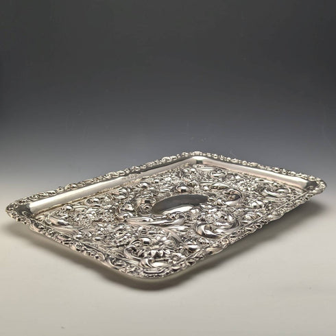 Bandeja de tocador con relieve de plata de ley, antigüedad británica de 1902, 306g