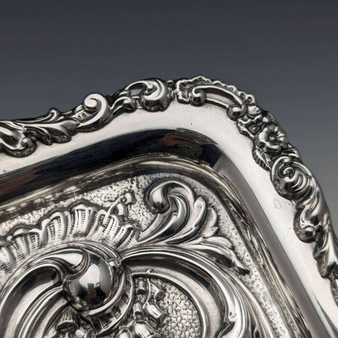 Bandeja de tocador con relieve de plata de ley, antigüedad británica de 1902, 306g