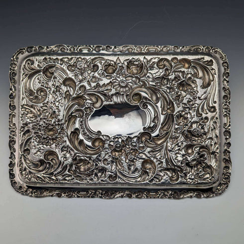 Bandeja de tocador con relieve de plata de ley, antigüedad británica de 1902, 306g