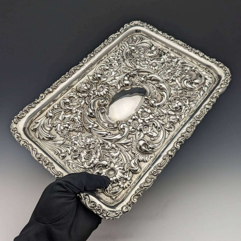 Bandeja de tocador con relieve de plata de ley, antigüedad británica de 1902, 306g