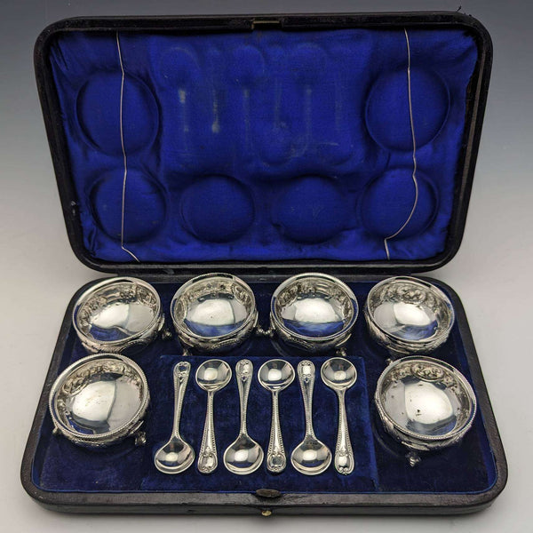 Around 1900 British antique silver plate salt dish & spoon 6 pair set in case