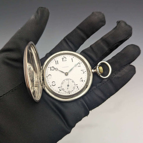 1925年頃 ヴィンテージ ロンジン 懐中時計 銀側ハンターケース 動作良好
