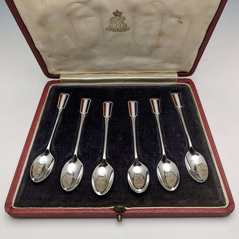 1936 British vintage enamel decorated sterling silver teaspoon set of 6 in a case