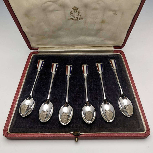 1936년 영국 빈티지 에나멜 장식 순은 티스푼 6본 세트 (케이스 포함)