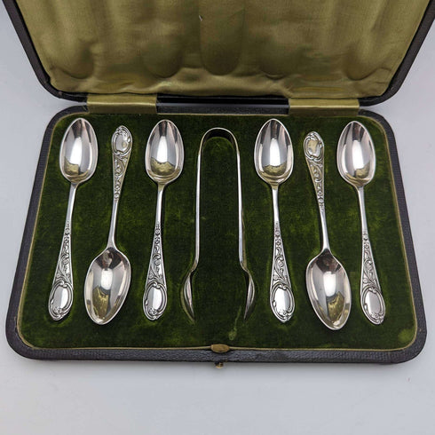 6 English antique silver plated teaspoon & tongs set in case