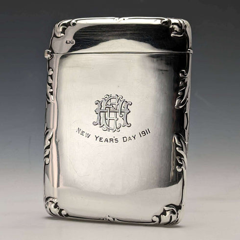 Estuche para tarjetas de plata esterlina antigua británica de 1910, acabado espejo, 79g, E J Trevitt