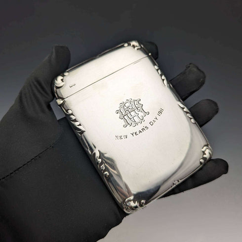 Estuche para tarjetas de plata esterlina antigua británica de 1910, acabado espejo, 79g, E J Trevitt