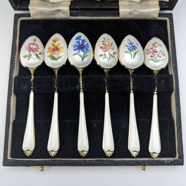 1958년 영국 빈티지 순은제 금도금 & 에나멜 꽃 장식 티스푼 6본 세트 (케이스 포함)